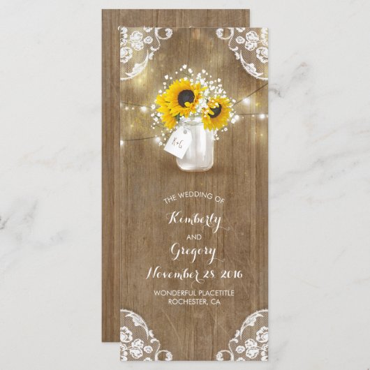 Rustieke Mason Jar en Zonnebloemen Trouwprogramma' Programmakaart (Voorkant / Achterkant)