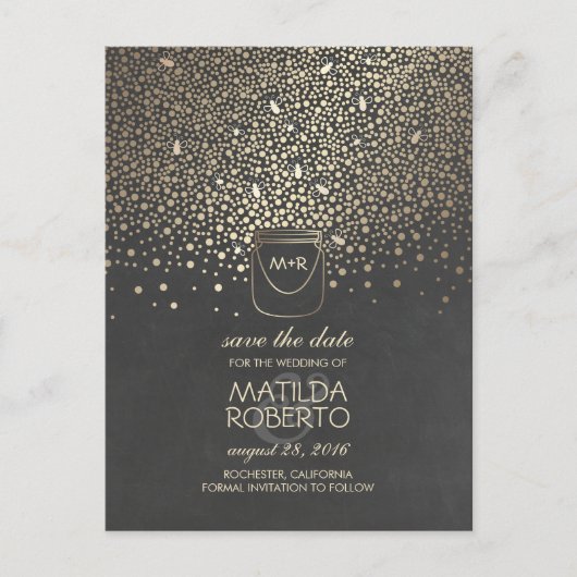 Rustieke Mason Jar Fireflies Gold Save the Date Aankondigingskaart (Voorkant)