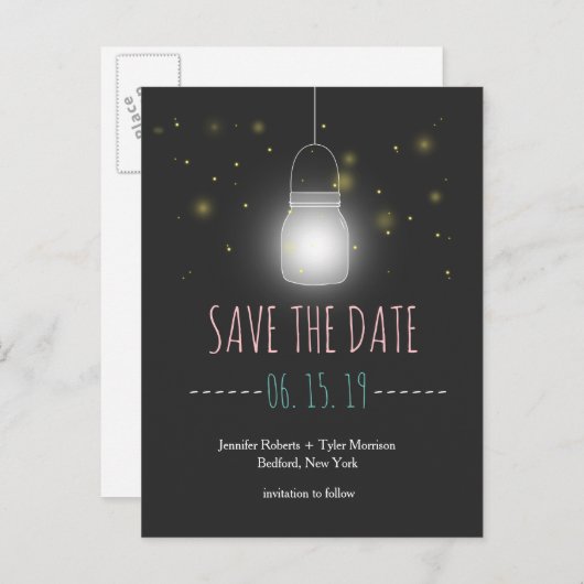 Rustieke Mason Jar Fireflies Save The Date Aankondigingskaart (Voorkant / Achterkant)