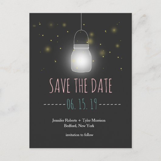 Rustieke Mason Jar Fireflies Save The Date Aankondigingskaart (Voorkant)