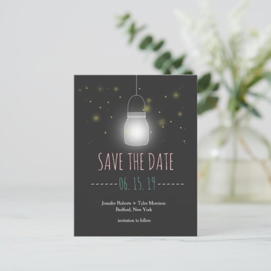 Rustieke Mason Jar Fireflies Save The Date Aankondigingskaart (Staand voorkant)