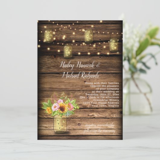 Rustieke Mason Jar Fireflies Zonnebloemen String L Kaart (Staand voorkant)