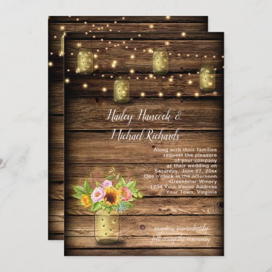 Rustieke Mason Jar Fireflies Zonnebloemen String L Kaart (Voorkant / Achterkant)