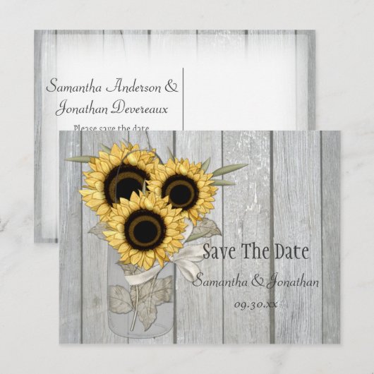 Rustieke Mason Jar Gele Zonnebloemen Save The Date Aankondigingskaart (Voorkant / Achterkant)