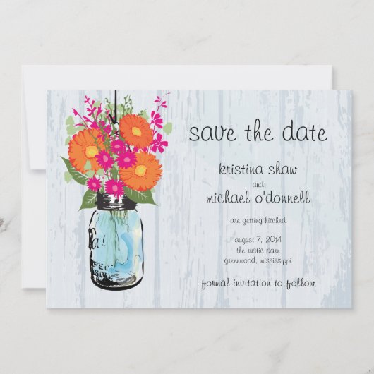 Rustieke Mason Jar Gerber Madeliefjes Bewaar de Da Save The Date (Voorkant)
