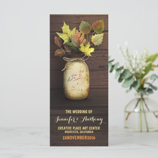 Rustieke mason jar herfst bruiloft programma's (Staand voorkant)