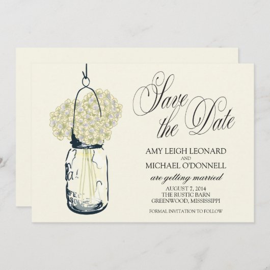 Rustieke Mason Jar Hydrangea Save the Date Kaart (Voorkant / Achterkant)