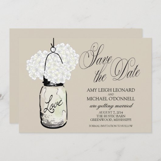 Rustieke Mason Jar Hydrangea Save the Date Kaart (Voorkant / Achterkant)