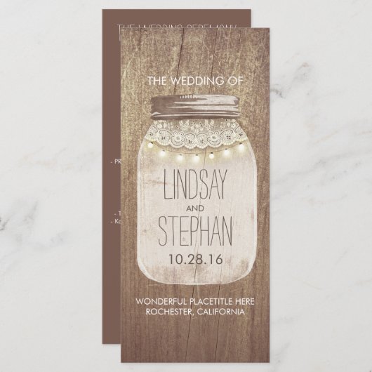 Rustieke Mason Jar Kant Lights Trouwprogramma's Programmakaart (Voorkant / Achterkant)