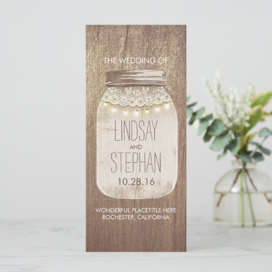 Rustieke Mason Jar Kant Lights Trouwprogramma's Programmakaart (Staand voorkant)
