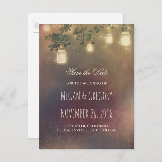 Rustieke Mason Jar Lights en Branches Save the Dat Aankondigingskaart (Voorkant / Achterkant)