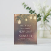 Rustieke Mason Jar Lights en Branches Save the Dat Aankondigingskaart (Staand voorkant)