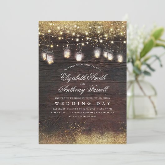 Rustieke Mason Jar Lights en Gouden Glitter Huweli Kaart (Staand voorkant)
