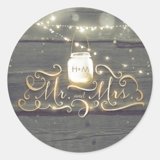Rustieke Mason Jar Lights Houten Schuur Bruiloft Ronde Sticker (Voorkant)