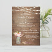 Rustieke Mason Jar Lights Roze Pioenboeket bruilof Kaart (Staand voorkant)