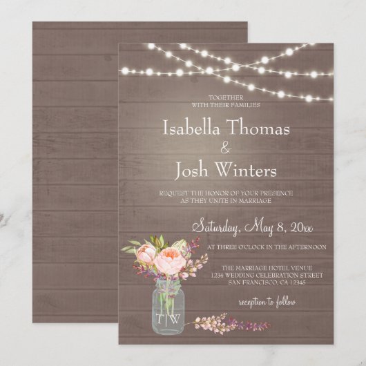 Rustieke Mason Jar Lights Roze Pioenboeket bruilof Kaart (Voorkant / Achterkant)