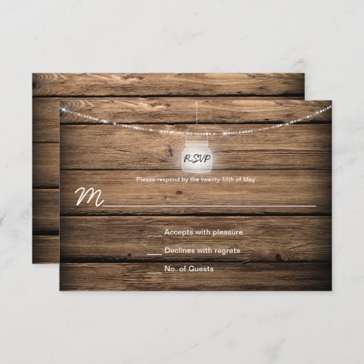 Rustieke Mason Jar Lights Schuur Hout RSVPs RSVP Kaartje (Voorkant / Achterkant)