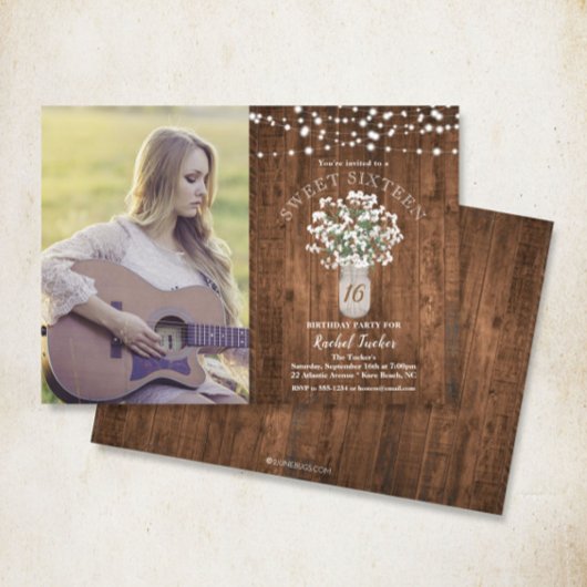 Rustieke Mason Jar Lights Sweet 16 Verjaardag Foto Kaart