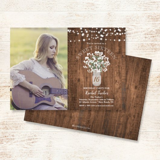 Rustieke Mason Jar Lights Sweet 16 Verjaardag Foto Kaart