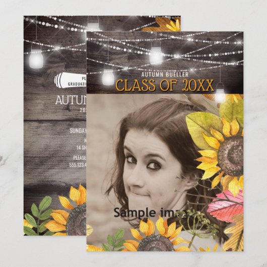 Rustieke Mason Jar Lights Zonnebloem Foto Afstuder Kaart (Voorkant / Achterkant)