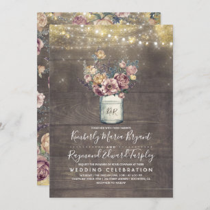  rustieke Mason Jar Mauve en gouden bruiloft Kaart
