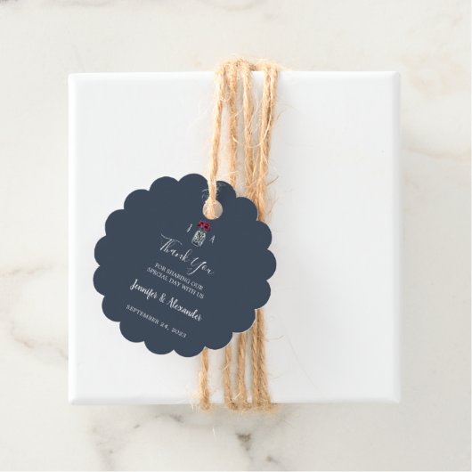 Rustieke mason jar monogram marine blauwe bruiloft bedankjes labels (In situ)