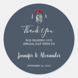 Rustieke mason jar monogram marine blauwe bruiloft ronde sticker