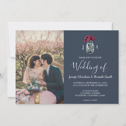 Rustieke Mason jar navy blauw monogram foto Bruilo Kaart (Voorkant)