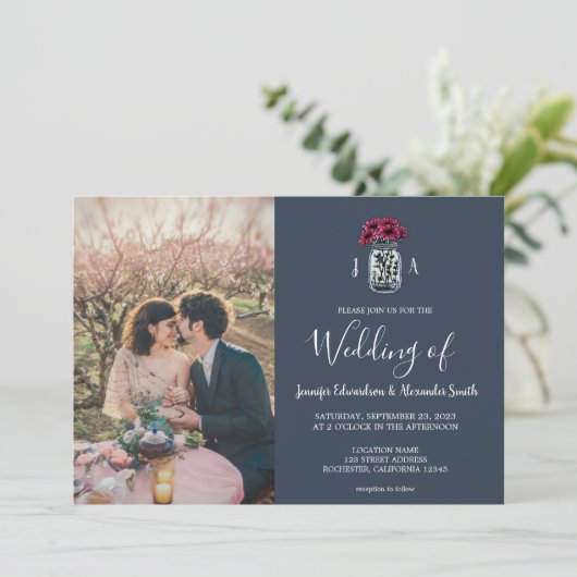 Rustieke Mason jar navy blauw monogram foto Bruilo Kaart (Staand voorkant)