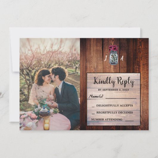 Rustieke mason jar schuur hout foto bruiloft RSVP  Kaart (Voorkant)