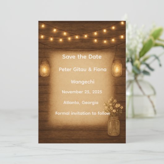 Rustieke Mason Jar Slingerlichten Save the Date Ka (Staand voorkant)
