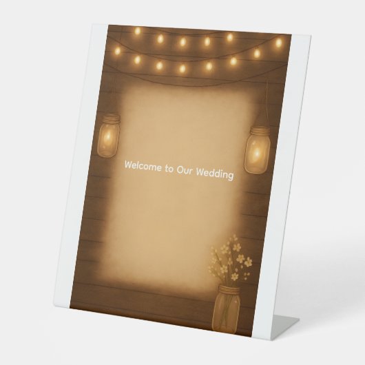 Rustieke Mason Jar & String Lights Trouwtafelblad Reclamebord Met Voetstuk (Voorkant)