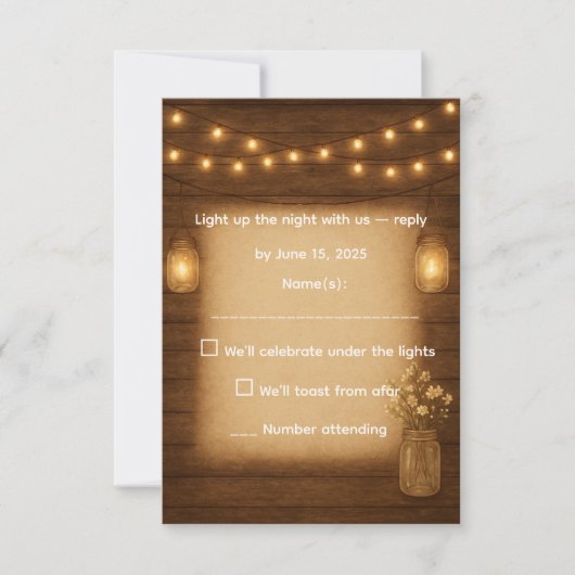 Rustieke Mason Jar & String Lights Wedding RSVP Ka (Voorkant)