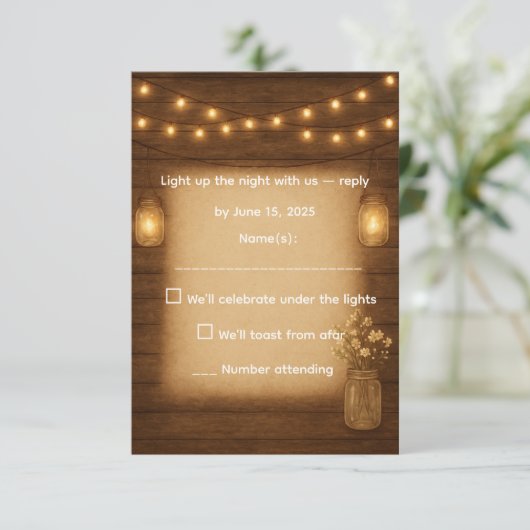 Rustieke Mason Jar & String Lights Wedding RSVP Ka (Staand voorkant)