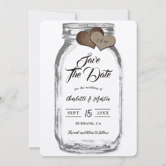Rustieke Mason Jar Wood Burlap Hearts Kraft Weddin Save The Date (Voorkant)