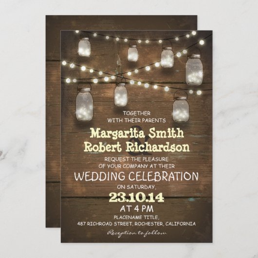 Rustieke Mason Jars en lichte bruiloft uitnodiging (Voorkant / Achterkant)