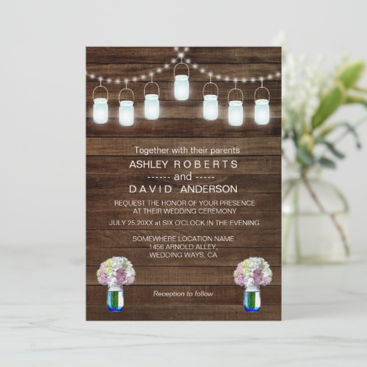 Rustieke Mason Jars String Lights Eenvoudige bruil Kaart (Staand voorkant)