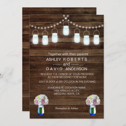 Rustieke Mason Jars String Lights Eenvoudige bruil Kaart (Voorkant / Achterkant)