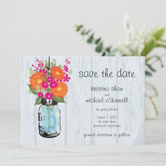 Rustieke Mason Pot Gerber Madeliefjes Bewaar de Da Save The Date (Staand voorkant)