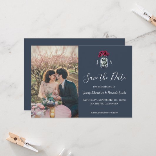 Rustieke Mason potje monogram foto Save the Date Kaart (Voorkant / Achterkant in situ)