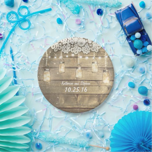 rustieke mason potjes string lampen kant hout papieren bordje (Feest)