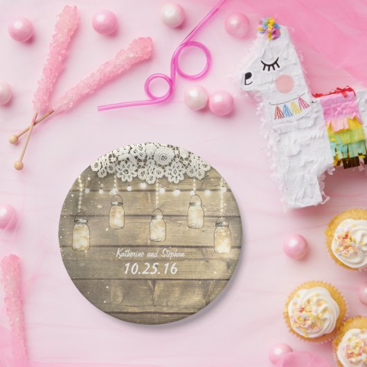 rustieke mason potjes string lampen kant hout papieren bordje (Feest)