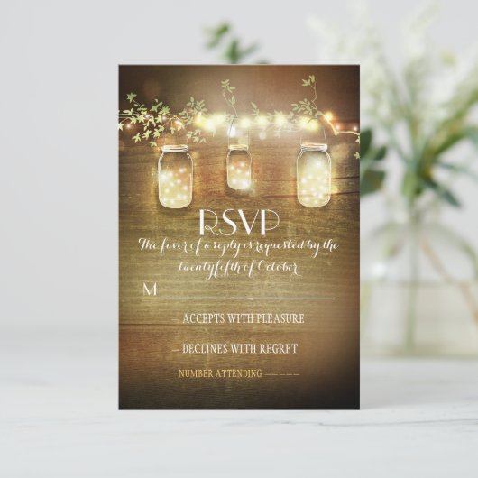 rustieke mason potjes string verlichting bruiloft RSVP kaartje (Staand voorkant)