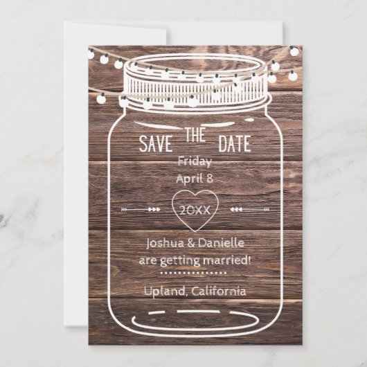Rustieke Mason String Lights Jar Save the Date Kaa (Voorkant)