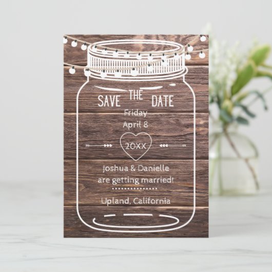 Rustieke Mason String Lights Jar Save the Date Kaa (Staand voorkant)