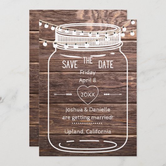 Rustieke Mason String Lights Jar Save the Date Kaa (Voorkant / Achterkant)
