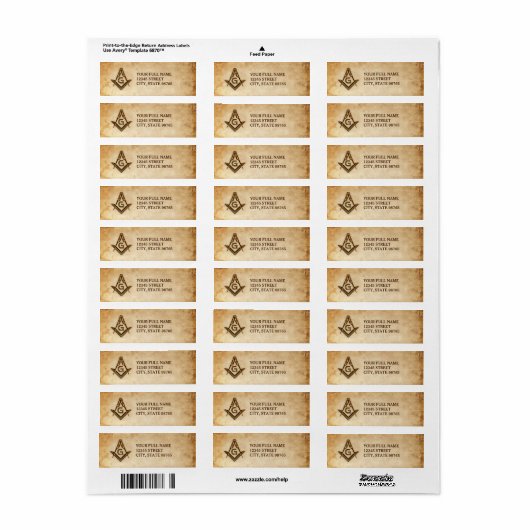 Rustieke Masonic Adresetiketten | oud perkament Etiket (Full Sheet)
