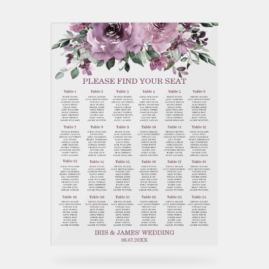 Rustieke Mauve Plum Paarse Bloemen Trouwstoelen Acryl Bord (Voorkant)