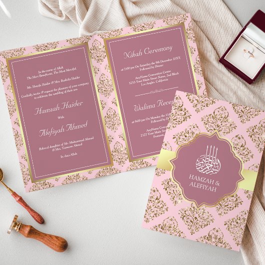 Rustieke Mauve Roze Gouden Damast Moslim Bruiloft