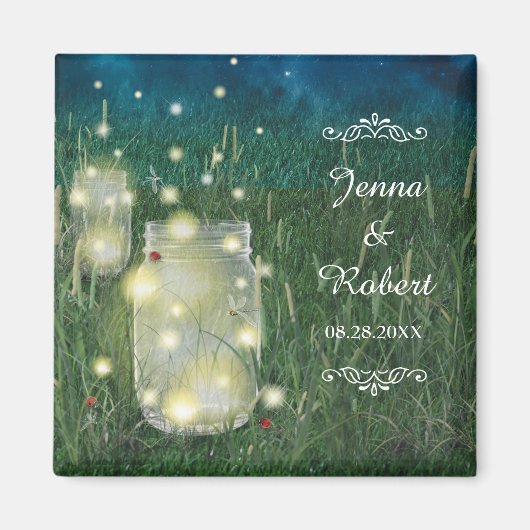 Rustieke Meadow Zomer Nacht Mason Jar en Fireflies Magneet (Voorkant)